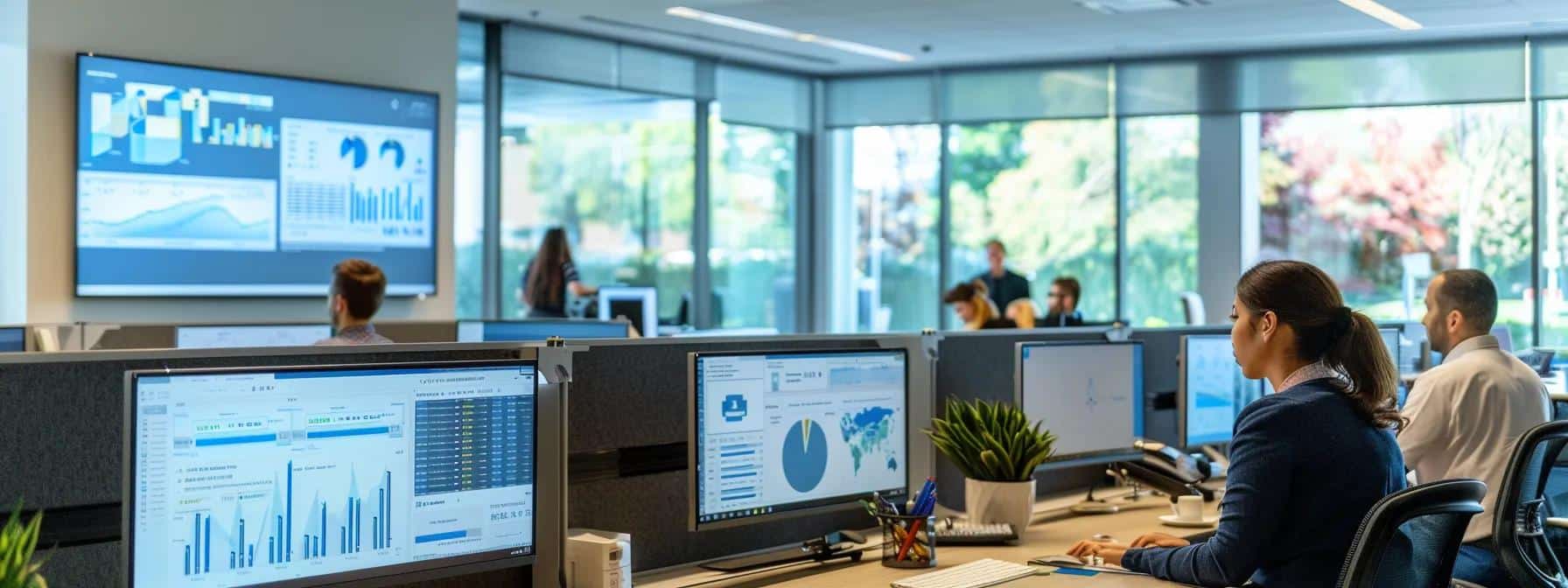 a bustling kansas city office environment showcasing a modern digital dashboard displaying streamlined payroll data, with employees engaged in focused collaboration under warm, natural lighting that emphasizes productivity and efficiency.