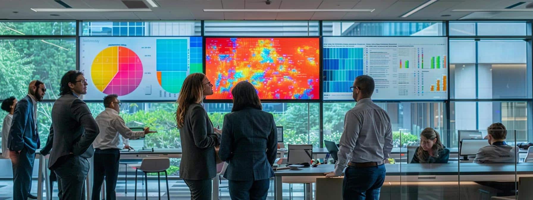 a dynamic office environment in kansas city, showcasing a diverse team engaged in collaborative discussions around performance metrics and roi displayed on sleek, modern digital screens, illuminated by bright, natural lighting to emphasize productivity and innovation.