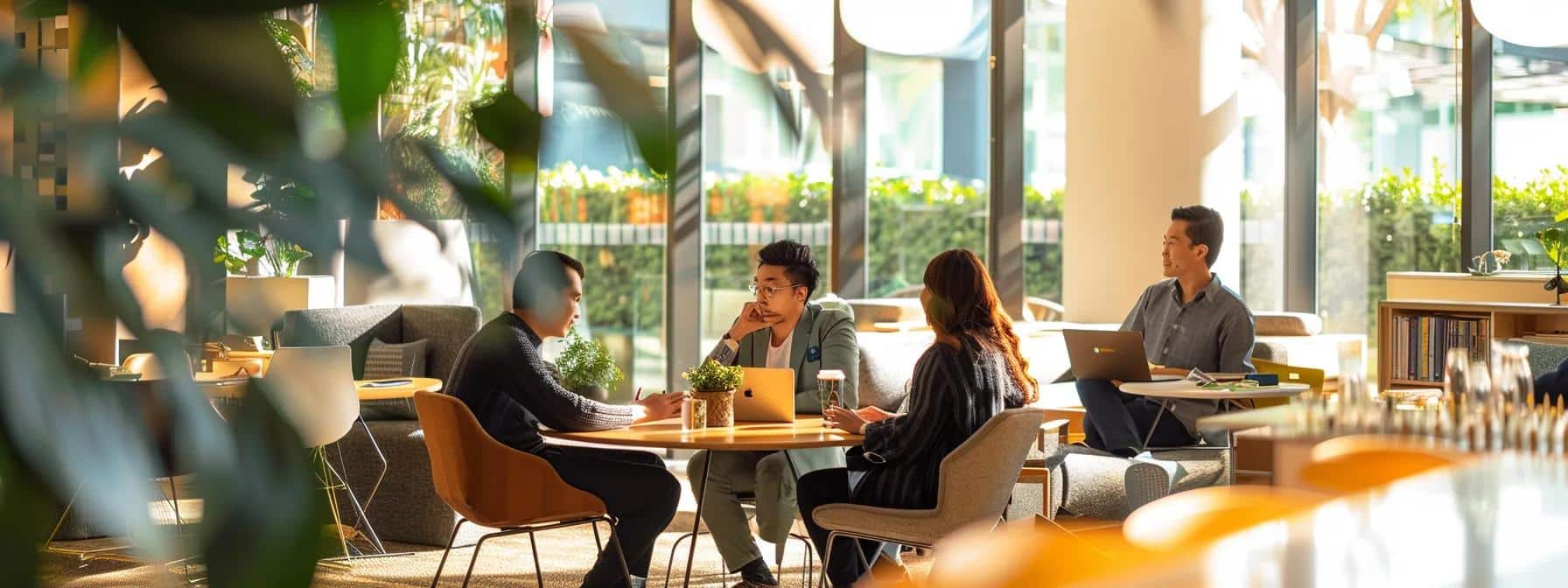 a dynamic office environment with diverse professionals engaging in collaborative discussions around a modern digital workspace, bathed in warm, natural light that highlights the essence of teamwork and communication.