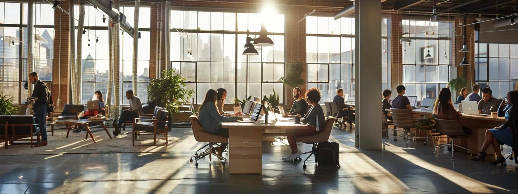 a dynamic workspace bustling with diverse professionals collaborating around a sleek digital interface, illuminated by warm, natural light filtering through large windows, reflecting a culture of innovation and teamwork.
