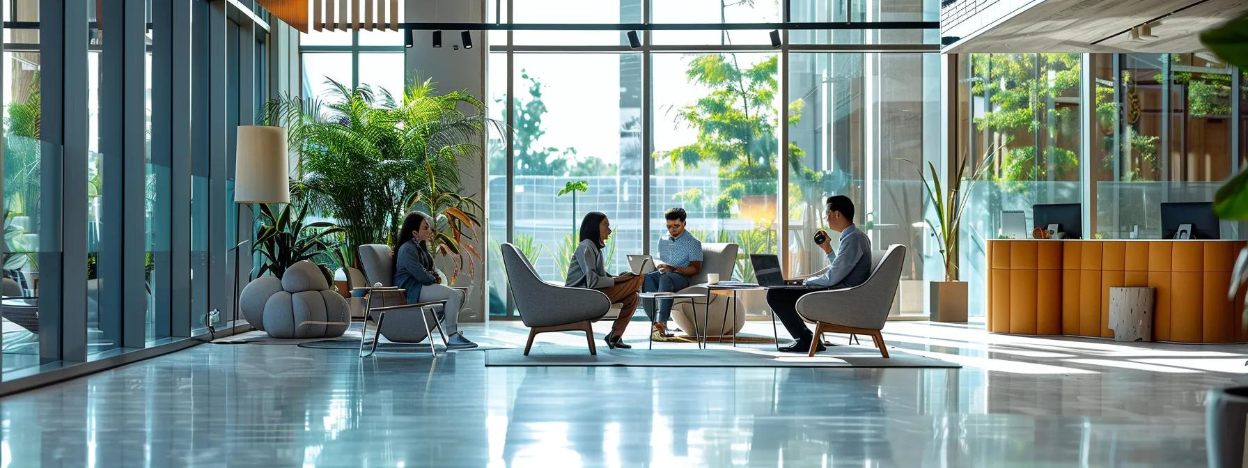 a modern office space with diverse professionals engaged in collaborative discussions, illuminated by natural light filtering through large windows, symbolizing a compliant and productive work environment upheld by effective labor law solutions.