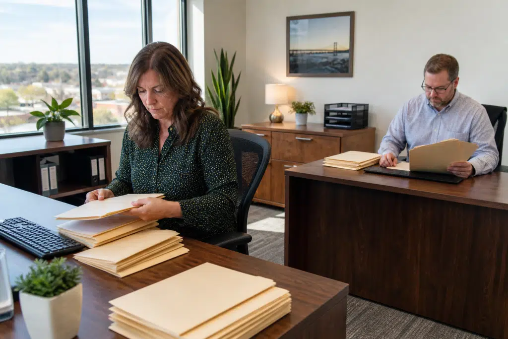 Two HR administrators processing unlabeled files at sunlit desks in a small North Kansas City office, the kind of local payroll work business process outsourcing covers.