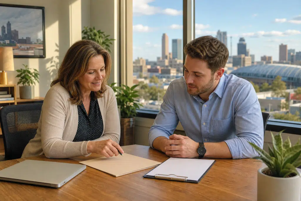 Late-afternoon sunlight in a small office as an HR specialist walks a new hire through onboarding paperwork at a clean desk.