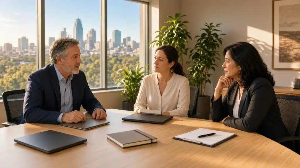 Late-afternoon sunlight in a conference room as an owner, operations manager, and HR partner discuss which outsourcing model to choose.
