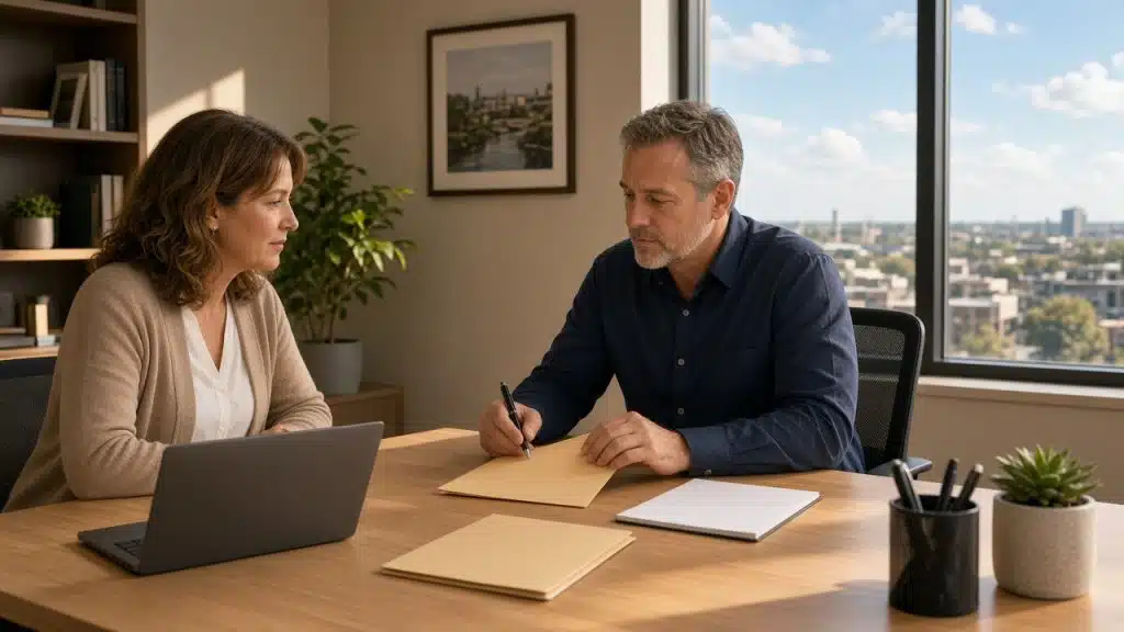 Late-afternoon sunlight in a professional office as an HR consultant and a business owner review a closed folder at a clean desk.